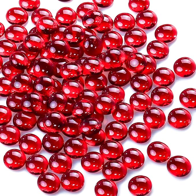CYS EXCEL Red Glass Gemstone Beads Vase Fillers (2 LBS) Flat Marble Beads Multiple Color Choices Aquarium Decor Rocks Floral Stones Decorative Mosaic Glass Gem Pebbles