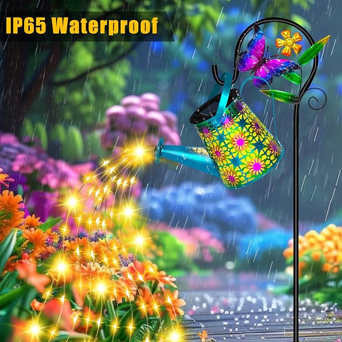 Christmas Gifts Solar Watering Can with Lights, Waterproof Solar Lantern with Butterfly Shepherd Hook, Hanging Garden Lights for Patio Yard Lawn Porch Outdoor Decoration, Unique Garden Gifts for Women