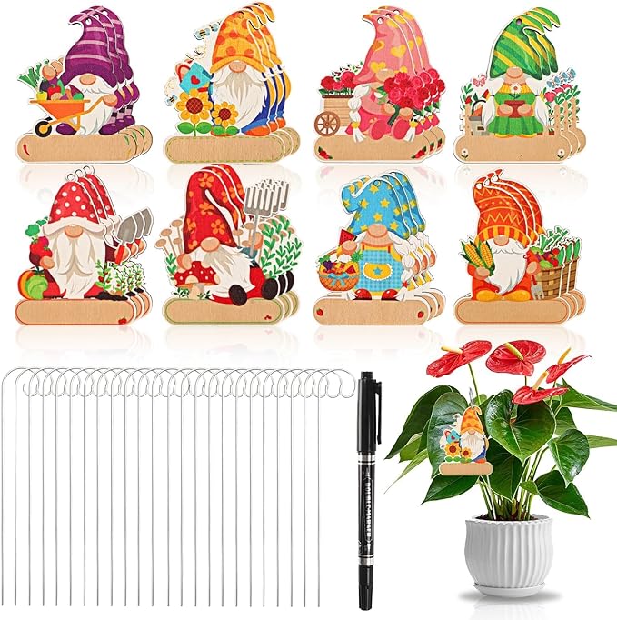 UPINS 24 Pack Gnome Plant Markers for Outdoor Garden, Waterproof Wooden Plant Label Stakes Tags, Herb Name Tags with A Marker, Garden Supplies for Gardening Gifts