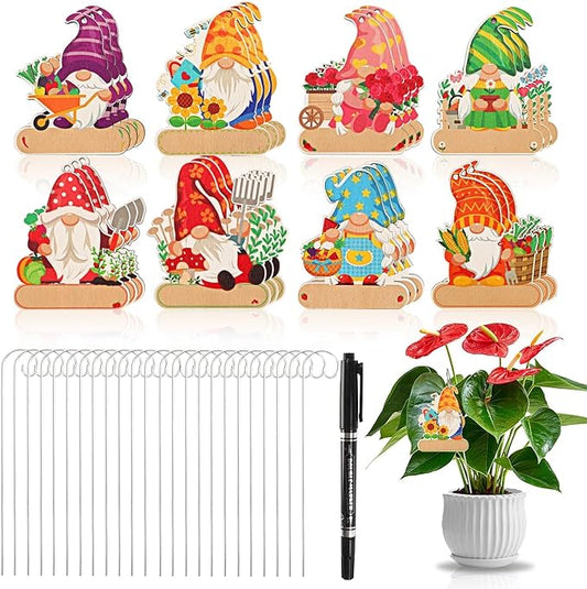 UPINS 24 Pack Gnome Plant Markers for Outdoor Garden, Waterproof Wooden Plant Label Stakes Tags, Herb Name Tags with A Marker, Garden Supplies for Gardening Gifts