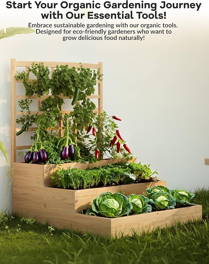 Space-Saving 3-Tier Wood Planter Box with Attached Trellis, Vertical Raised Garden Bed for Climbing Vines, Vegetables, Fruits, Herbs, Open Bottom Drainage for Patio, Deck, Balcony Gardening