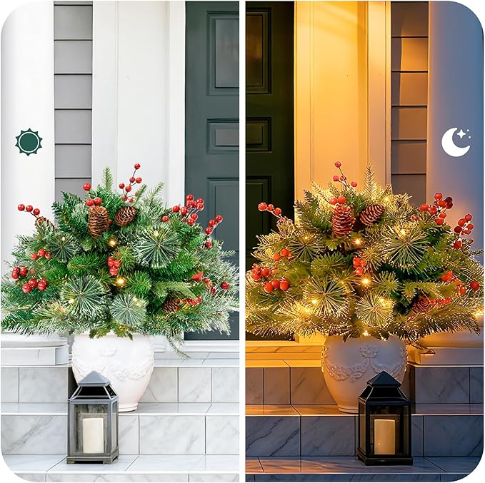 2 Pack Lighted Artificial Christmas Urn Filler,Pre-Lit 50 LED Outdoor/Indoor Trees with 8 Modes & Auto Timer,Battery Operated Christmas Trees Porch Decorations for Home, Porch & Yard (18 Inches)