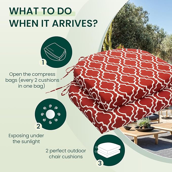 HARBOREST Outdoor Chair Cushions Set of 2, Water Resistant Patio Chair Cushions with Ties, Outdoor Seat Cushions for Patio Furniture, 17"x16"x2", Wine Red Geometry