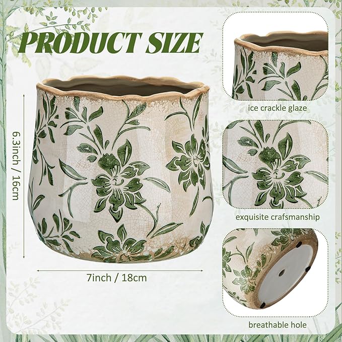 Bokon 7 x 6.3 Inch Ceramic Planter Vintage Scroll Planter Decorative Plant Pots with Crackle Glaze for Indoor Outdoor, Kitchen, Table, Shelf, Mantel, Home, Garden Decor, Gardening Gift(Country)