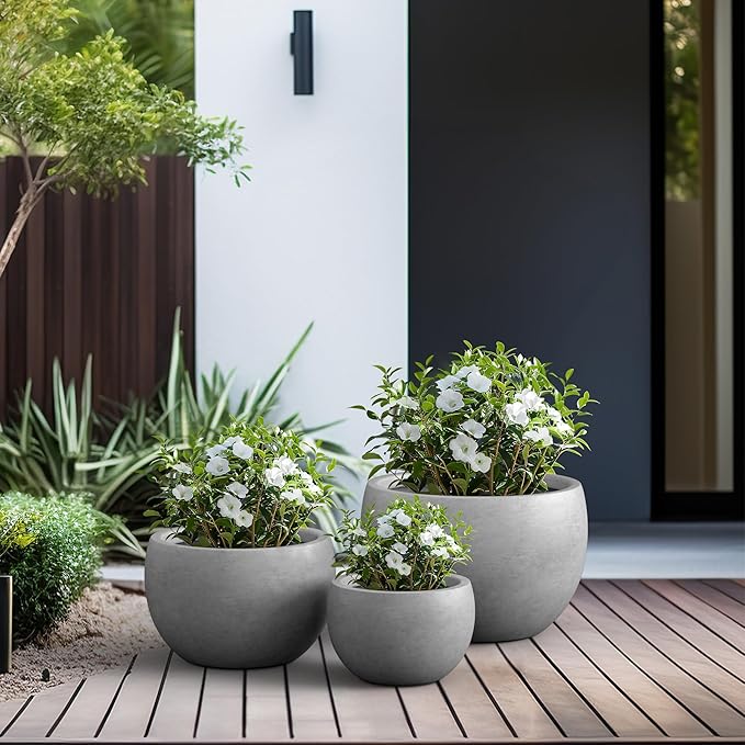 Kante 19.9",15.7",11.8" Dia Round Concrete Planter Set of 3, Outdoor/Indoor Large Bowl Plant Pots with Drainage Hole and Rubber Plug for Garden Patio Balcony Home, Natural Concrete