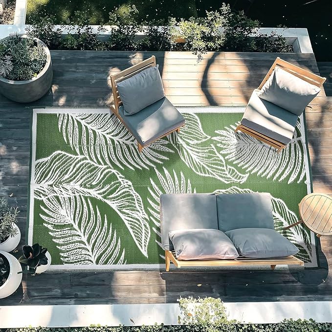 wikiwiki Outdoor Rug, 9x18ft Waterproof Reversible Mat Indoor Outdoor Rugs Carpet, Small Area Rug Plastic Straw Rug for Patio Deck Balcony Pool RV Camping Beach Picnic, Green, Rugscape Series