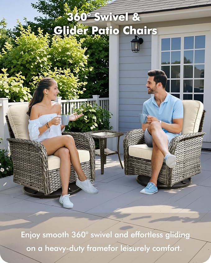 3-Piece Swivel Rocking Rattan Chair Outdoor, Patio Bistro Furniture Conversation Set, Wicker Chair with Coffee Table Beige