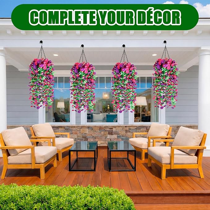 Hotop 2 Set Artificial Hanging Flower Basket and 6 Pcs Bougainvillea Silk Vine Flower for Outdoor Indoor UV Resistant Faux Hanging Plant Coconut Lining Planter Pot(Purple, Rose Red)