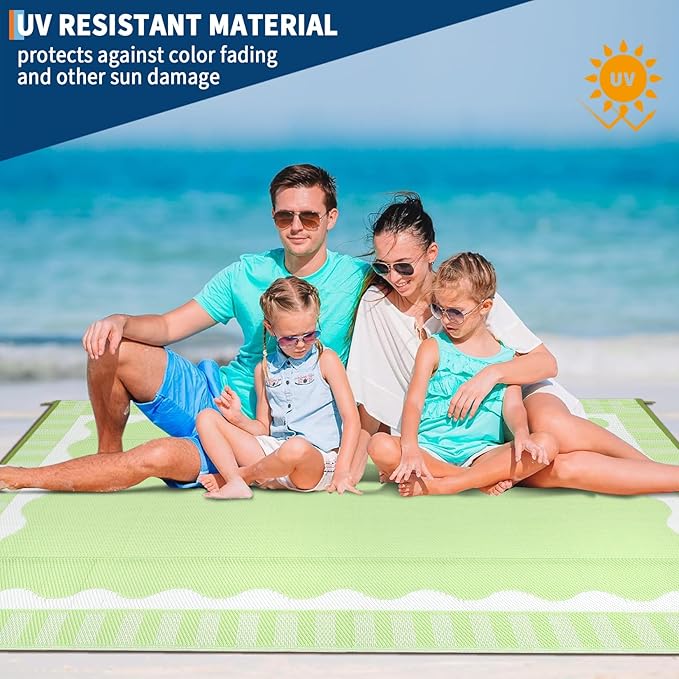 Outdoor Rug 8x10 Waterproof Patio Rugs Scalloped Border Reversible Mat for Front Door Rv Foldable Plastic Straw Carpet for Travel Trailers, Picnic, Porch, Camper, Balcony, Beach，Light Green