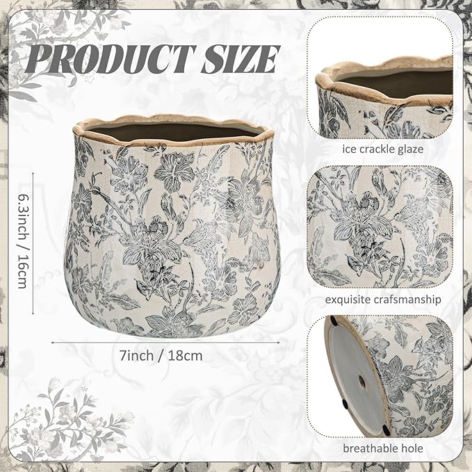 Bokon 7 x 6.3 Inch Ceramic Planter Vintage Scroll Planter Decorative Plant Pots with Crackle Glaze for Indoor Outdoor, Kitchen, Table, Shelf, Mantel, Home, Garden Decor, Gardening Gift(Rustic)