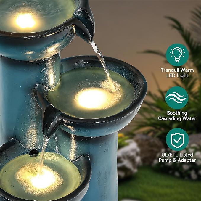 27" Outdoor Fountain, 3-Tier Modern Column Water Feature with LED Lights, Resin Soothing Cascading Waterfall for Patio, Backyard, Garden or Porch, Blue