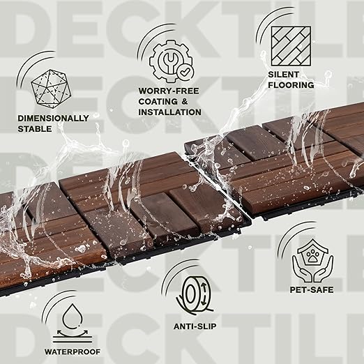 Acacia Wood Flooring Interlocking Deck Tiles for Patio Decor 27 Pcs 12 Slats VR Brown - Waterproof Indoor & Outdoor Decor - Balcony Garden Decking Tile (12.2 * 12.2 * 0.7 inches)