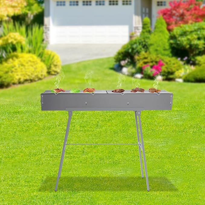 39.3" x 7" Charcoal Grills, Portable Stainless Steel Folded Camping Grill,Barbecue Grilling Accessories for Garden Backyard Party Picnic Travel Home Outdoor Cooking Use