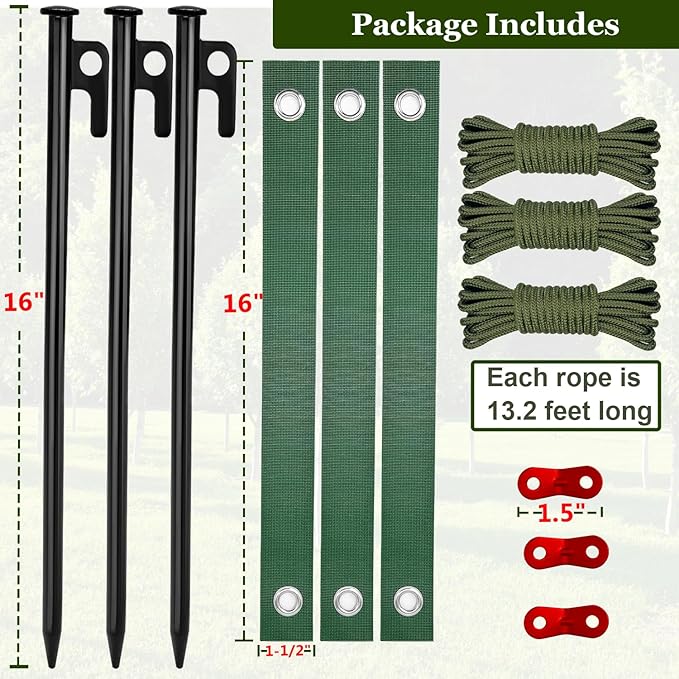 Tree Stakes and Supports, Heavy Duty Tree Stakes Kit Include 3Pcs Tree Straps for Staking, 3Pcs 16" Steel Spikes, and 39Ft Rope, Tree Supports for Young Tree Anti Strong Wind, Bad Weather