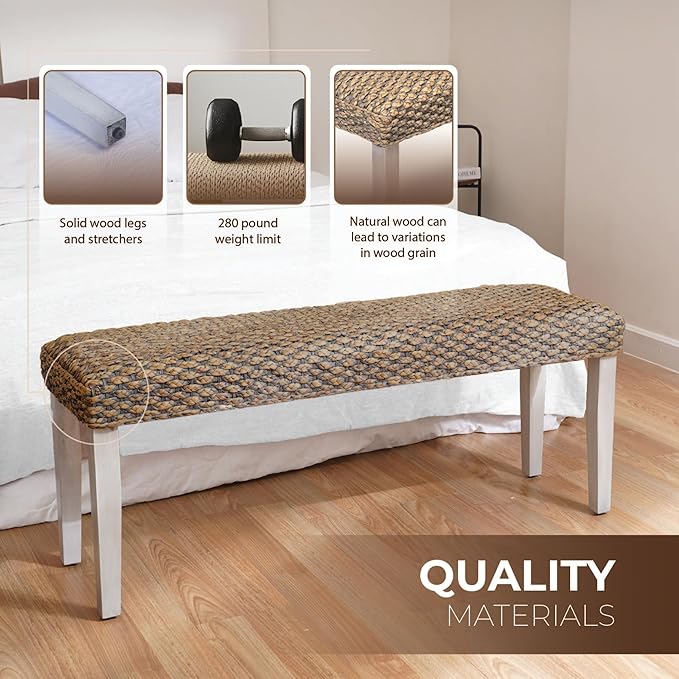 Solid Wood Acacia Bench with Natural Woven Seat, Boho Bench Entryway, Entry Bench Seat, Wood Bench for Living Room, Porch Lawn Garden Yard or Entryway (Grey Leg, Water Hyacinth)