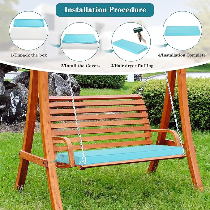 Outdoor Bench Cushion 45 x 18 Inch Thick Waterproof Porch Swing Cushions with Tie Patio Furniture Chair Cushion Bench Pad Color Fastness Backyard Seat Pads, Light Blue