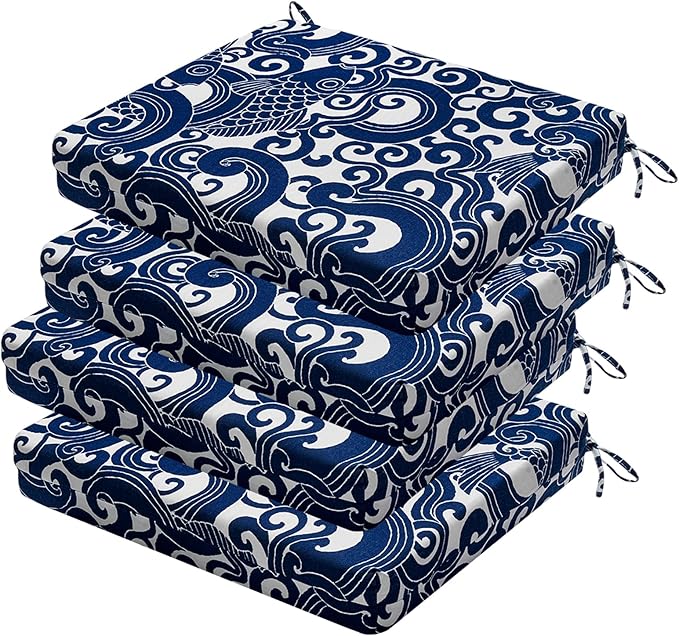 Outdoor Chair Cushions Set of 4, 18.5 x 16 Inch Patio Chair Cushions for Outdoor Furniture, Water Resistant, Non-Slip Ties(Blue Carp)