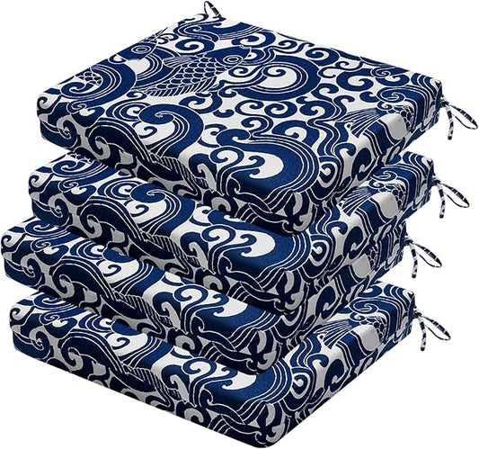 Outdoor Chair Cushions Set of 4, 18.5 x 16 Inch Patio Chair Cushions for Outdoor Furniture, Water Resistant, Non-Slip Ties(Blue Carp)