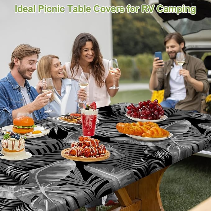 pickyNproud Picnic Table Cover with Bench Covers Portable Table Cloth Built-in Storage Pocket Picnic Table Covers with Elastic Waterproof Camping Essentials for RV Camping