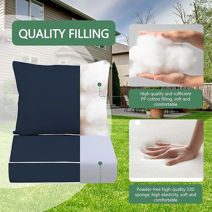 Outdoor Chair Cushions 2 Set,24 x 24 x 5IN, Patio Deep Seat Cushion for Patio Furniture, Waterproof Fade Resistant Thick Deep Seating Pads for Outside Wicker Ratten Chair Couch,navy+white piping