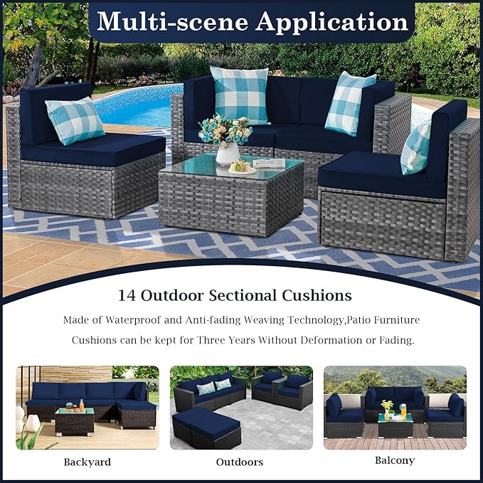 Outdoor Sectional Cushions, 4" Foam High-Density, Water-Resistant Couch Cushions Replacement Set, 14 Piece Patio Sectional Cushion for 6-Seat Sectional Patio Conversation Sets (Dark Blue)