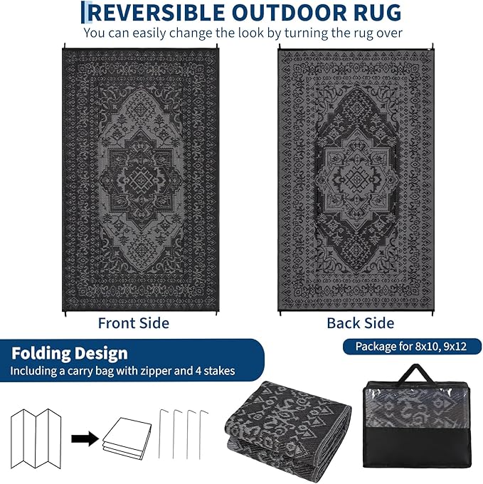 COZYLOOM Outdoor Plastic Straw Rug 9x12 Reversible Waterproof Outdoor Rug for Patio, Large Vintage Medallion Carpet, RV Mat for Deck, Balcony, Camping, Beach, Picnic, Black&Grey