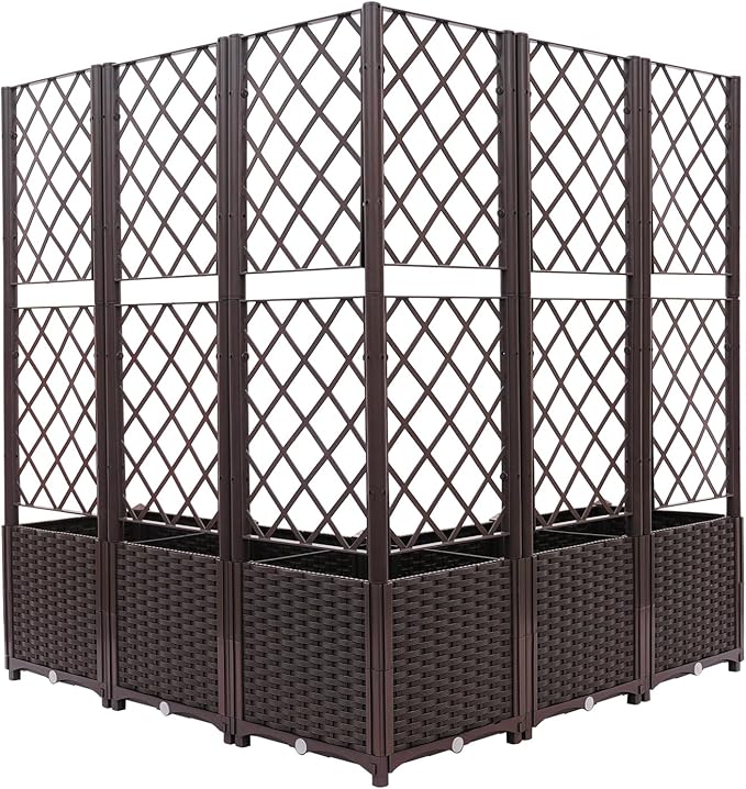 5PCS Raised Garden Bed with Treliis, Freestanding Garden Planter, Detachable Outdoor Planter Box, Vertical Garden Beds with Water Storage Mechanism for Climbing Growing, Backyard (Brown)