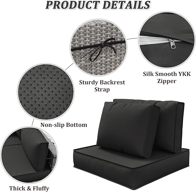 14-Piece Outdoor Cushions for Patio Furniture Thick Outdoor Chair Cushions 5" Foam High-Density Water-Resistant Deep Seat Cushion for 6-Seat Sectional Sets Liner&Cover Black