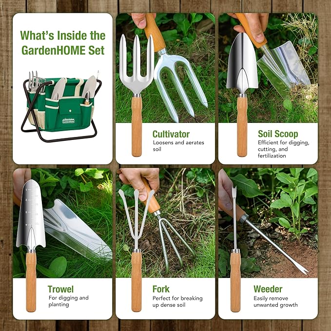 GardenHOME 7-Piece Green Gardening Tool Set – Stainless Steel Tools with Wooden Handles, Folding Stool & Canvas Tote, Durable Garden Kit for Women and Beginners