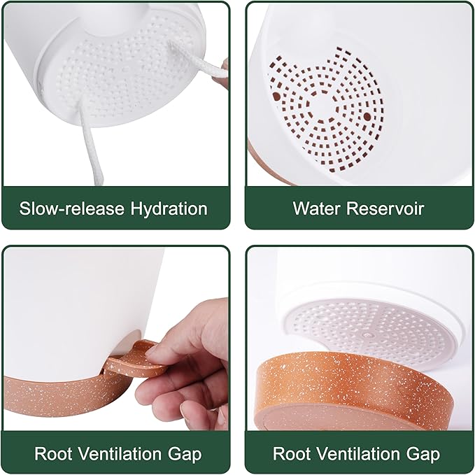 Self Watering Planter Pots Set of 5-7", 6.5", 6.02", 5.55", 5.08" Indoor & Outdoor Flower, Herb, and Succulent self Watering pots with Saucer Reservoir, Drainage System, and Modern White Design