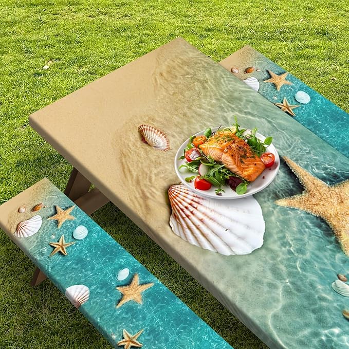 Picnic Table Cover with Bench Covers Elastic Edges, Beach Fitted Table Cover, Outdoor Patio Camping Essentials 72 Inch 3PCS, Waterproof Camping Fitted Tablecloth with Drawstring Bag