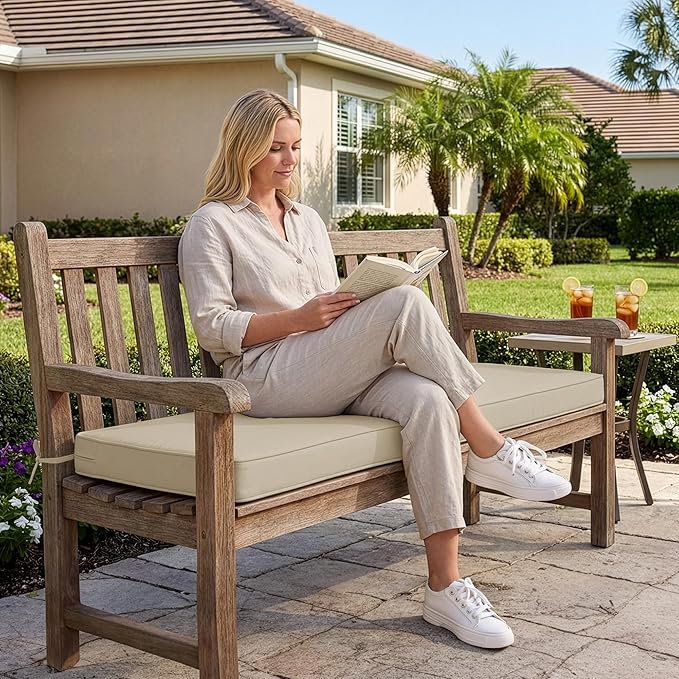 Outdoor Bench Cushion: Waterproof and Fade Resistant Patio Furniture Cushions - Non-Slip Bench Pad Cushion with Removable Cover for Garden Swing Porch Sofa Settee, 42 x 18 Inch, Beige