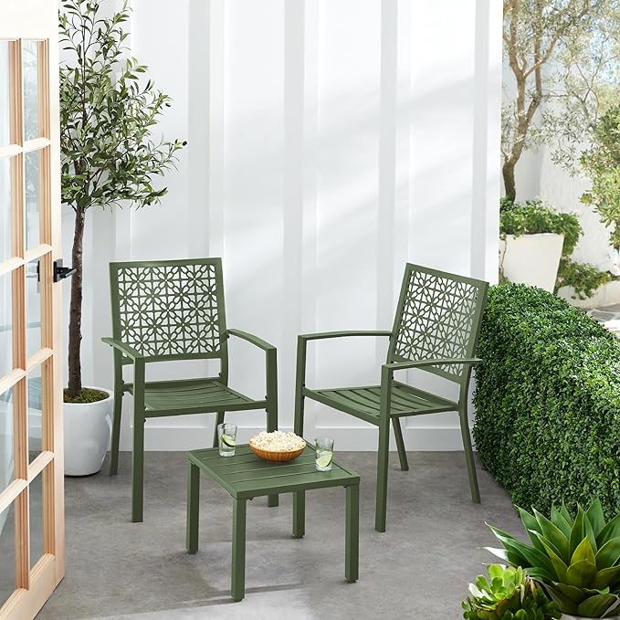 Best Choice Products 3-Piece Outdoor Bistro Set, Stackable Modern Steel Furniture for Porch, Garden w/ 2 Chairs, Table, Geometric Decor - Sage Green