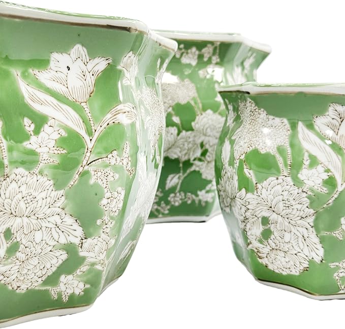 Galt International Green & White Round Fluted Floral Porcelain Ceramic Plant Flower Planter Pot Set of 3 (7.5", 10", 13") Garden Pots Chinese Asian Design