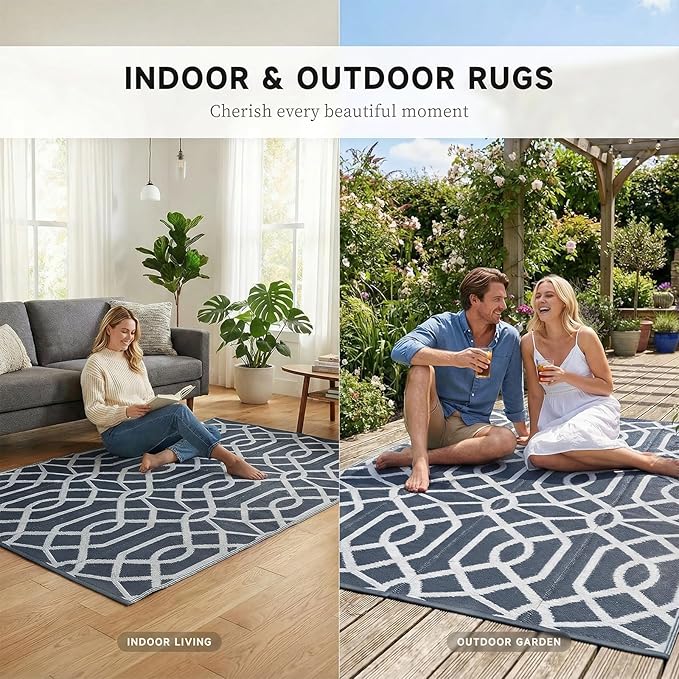 wikiwiki 9x12ft Outdoor Rug, Reversible Plastic Patio Rug Waterproof, Indoor Outdoor Carpet Clearance, Large Area Carpet for Patio Deck Balcony Pool RV Camping Beach Picnic, Grey