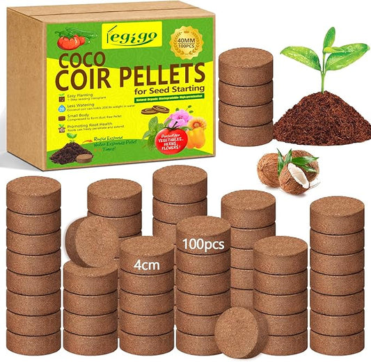 Legigo 100 Pcs 40mm Coco Coir Pellets Seed Starter Soil Mix- Organic Coconut Coir Potting Soil Pods for Seedling, Coco Peat Soil Discs for Indoor & Outdoor Plants Bonsai Herbs Vegetables and Flowers