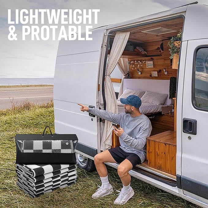 GOTGELIF Black and White Classic Checkerboard Outdoor Area Rug 9x12FT, Reversible & Water-Resistance & Portable Plastic Straw Rug for RV Trips, Picnic, Camping, Outdoor, Garden, Patio