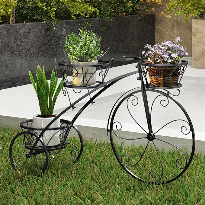 Giantex Metal Bicycle Planter, 3 Tier Tricycle Flower Plant Stand w/ 3 Decorative Wheels, Parisian Style Flower Display Stand Cart for Home Decor Patio Garden Flower Shop Indoor Outdoor