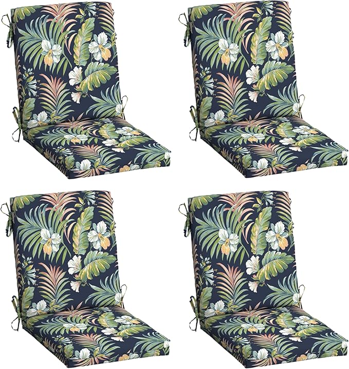 Arden 4-Pack Outdoor Patio Dining Chair Cushion, 20x44, Rain-Proof Seat Pad, Fade-Resistant Outdoor Cushion Simone Blue Tropical