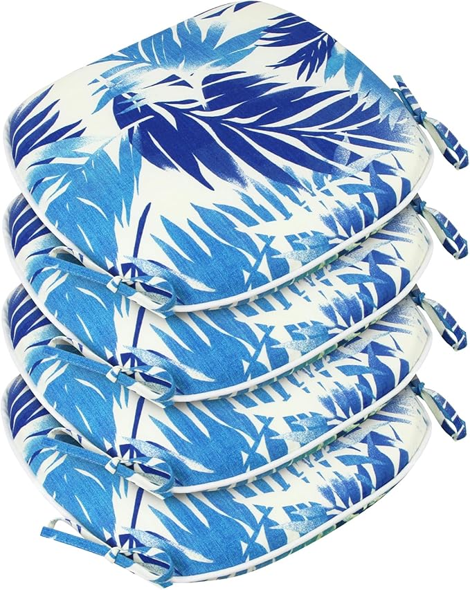 SleepMan Outdoor 17"x16" Chair Cushions with Ties Set of 4, Water Resistant All Weather U-Shape Seat Pads for Patio Garden Furniture Indoor Fade Resistant Patio Cushions (Blue Bamboo)