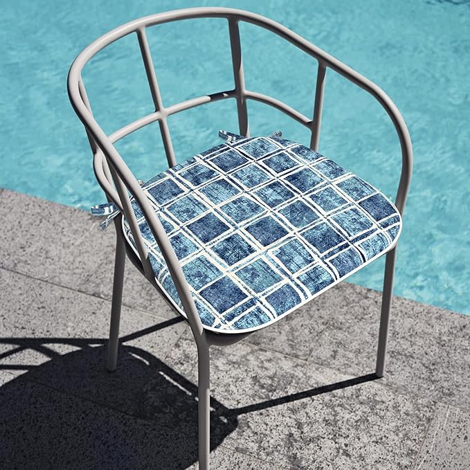 Outdoor Chair Cushions Set of 2, Water Resistant Patio Chair Pads with Ties, Seat Cushions for Home Garden Furniture Decoration, 16"x17", Denim Blue Checkered