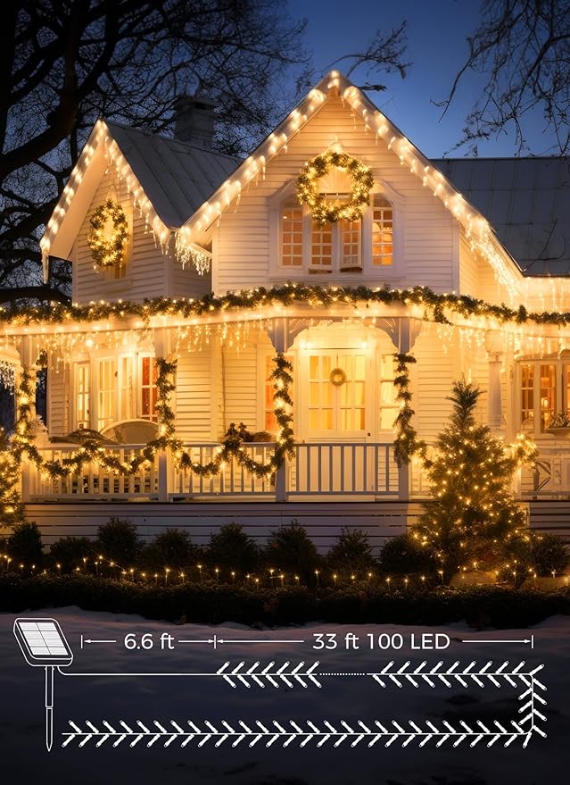 Solar String Lights for Outside, 2-Pack 200LED 78FT Total Solar Lights Outdoor IP65 Waterproof Solar Powered Lights with 8 Lighting Modes for Party Garden Yard Holiday Tree Decoration, Warm White