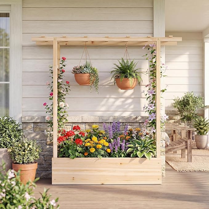 Raised Garden Bed with Trellis, Wood Planter Box w/Trellis, Hanging Roof, Drainage Holes, Freestanding Planter Raised Bed for Outdoor Climbing Plants Flowers, Patio Yard Balcony (1, Natural)