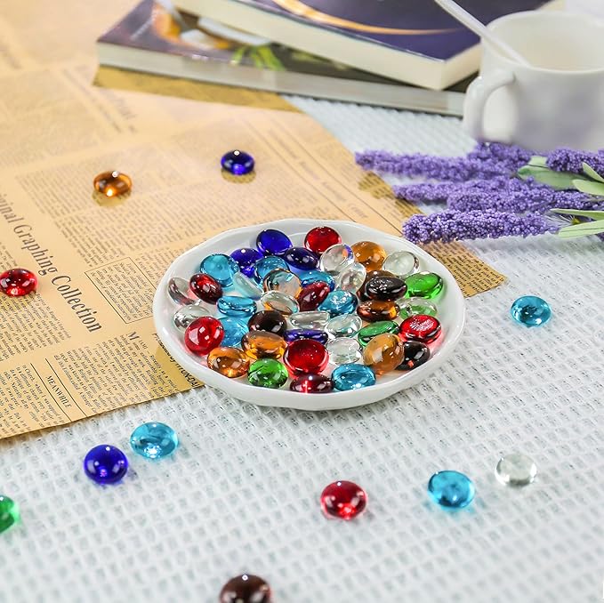 CYS EXCEL Assorted Mix Colors Glass Gemstone Beads Vase Fillers (6 LBS) Flat Marble Beads Multiple Color Choices Aquarium Decor Rocks Floral Stones Decorative Mosaic Gem Pebbles