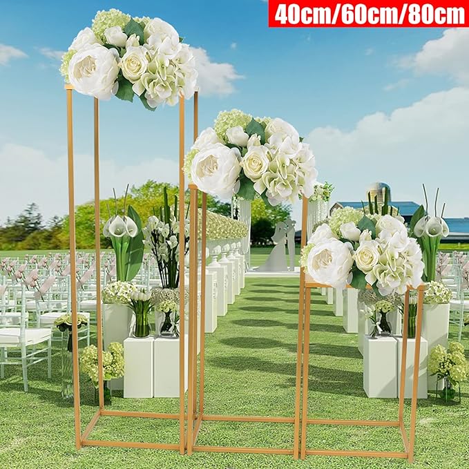 Set of 3 Metal Plant Stand Golden Nesting Display End Table Tall Pedestal Stand Indoor Outdoor Flower Pot Holder Stand Plant Square Display Rack Set for Wedding Garden Patio Terrace