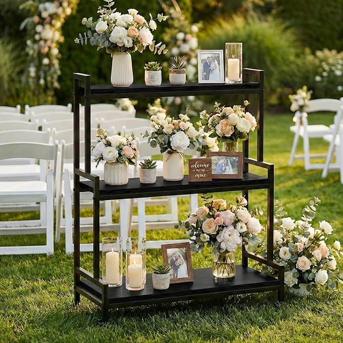 Flower Cart Display Stand with Wheels - Solid Wooden Plant Stand Shelf Outdoor - 3 Tier Patio Rolling Flower Stand - Ladder Folwer Holder Stand 37''x31'' for Florist, Garden, Wedding, Living Room, Black