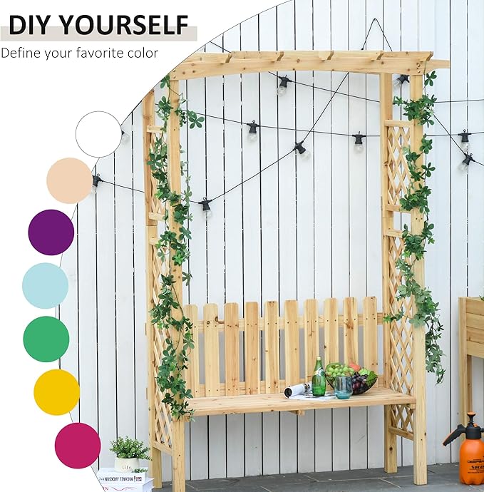Outsunny Wooden Garden Arbor for Climbing Plants with Garden Bench, Garden Arch to Grow Grapes & Vines, Patio Decor & 2-Person Outdoor Wood Decorative Seating, Natural