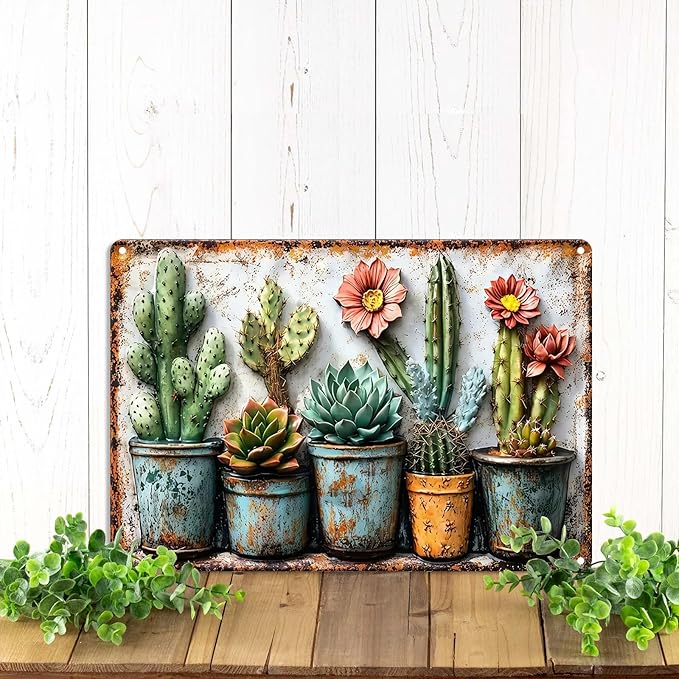 Gardening Gifts Vintage Garden Mental Tin Signs Cactus Plant Flower Printing for Home Yard Greenhouse Outdoor Decoration (8x12 Inch)