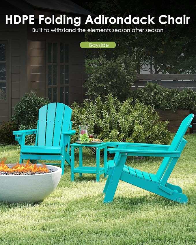 GREENVINES Folding-Adirondack-Chair | HDPE Plastic | Fire Pit Chairs | All Weather | Cup Holder | Aqua | for Deck Backyard Patio Outdoor Garden