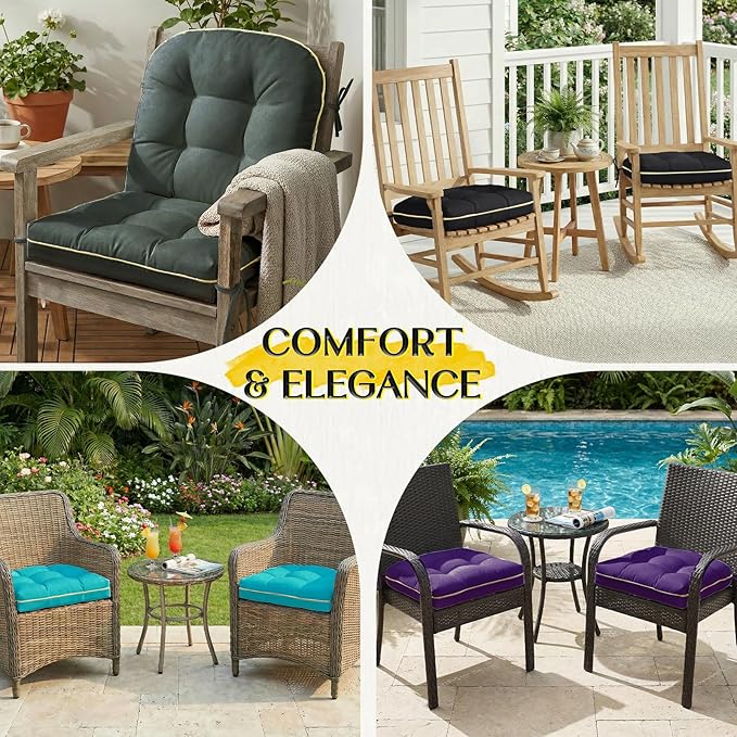 Outdoor Chair Cushions Set of 2, Outdoor Cushions for Patio Furniture and Wicker Chair, Memory Foam Patio Seat Cushion Pads with Ties, 19 x 19 Inch (Black)